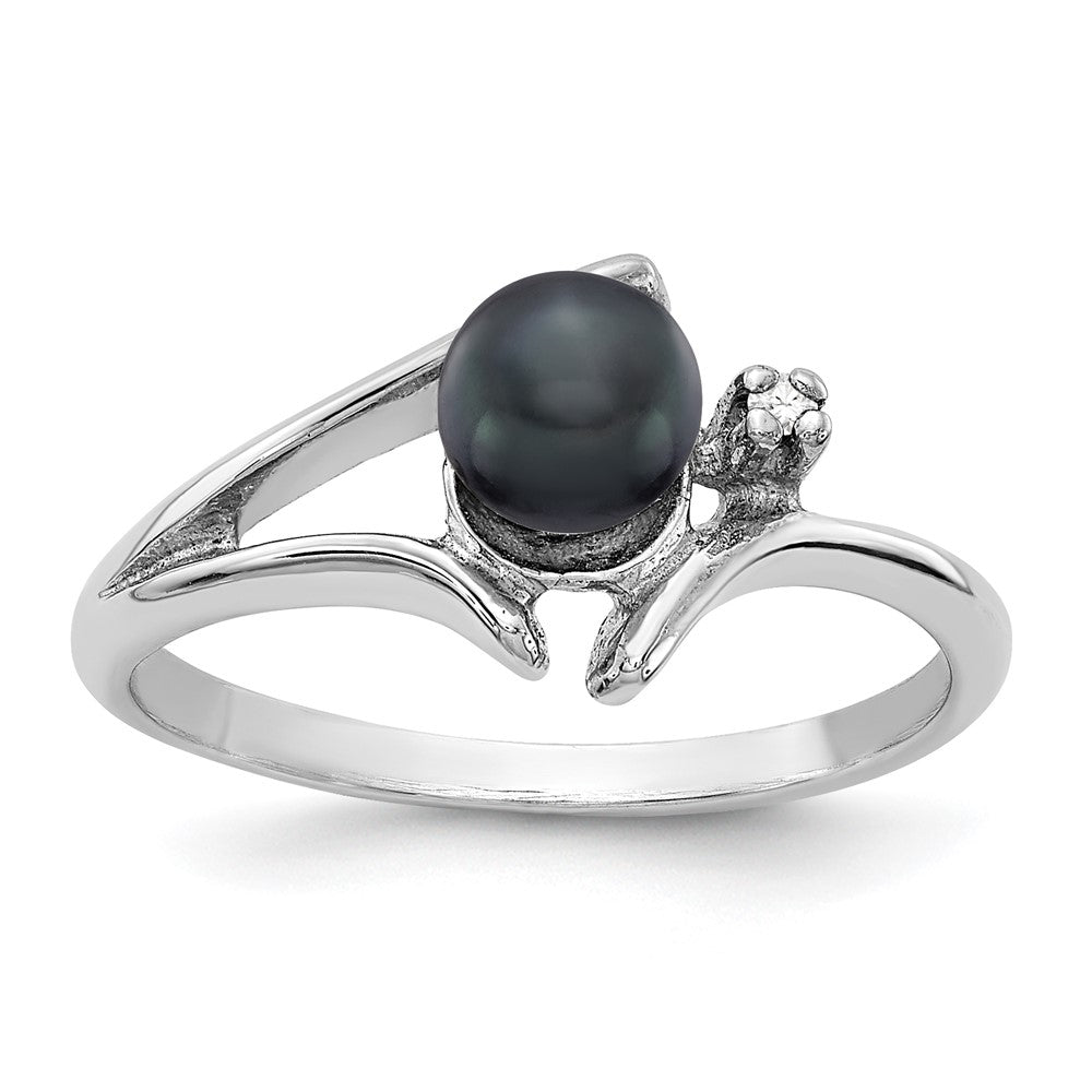 14k White Gold 5mm Black FW Cultured Pearl AAA Real Diamond ring