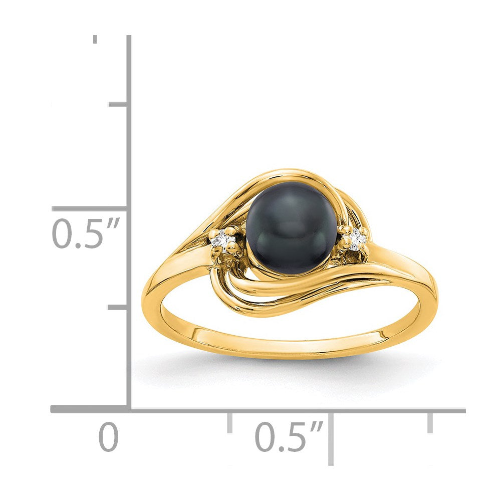 14K Yellow Gold 5.5mm Black FW Cultured Pearl AAA Real Diamond ring
