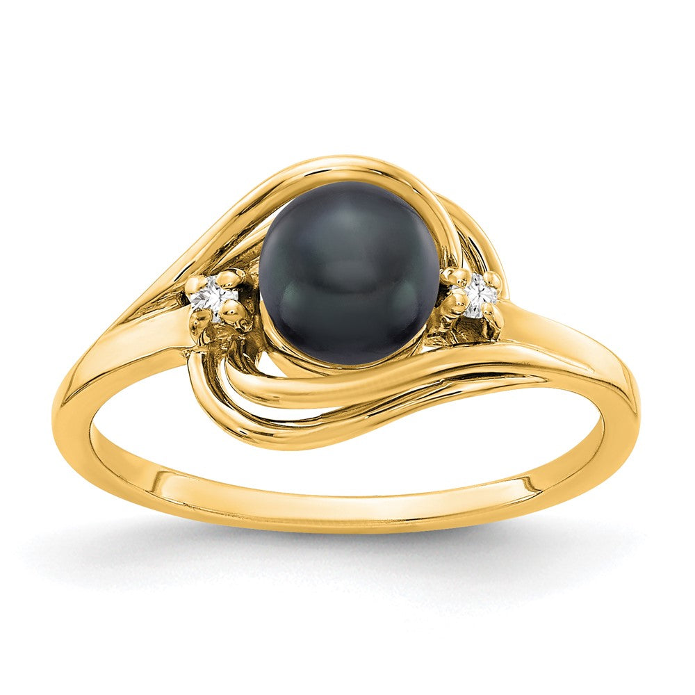 14K Yellow Gold 5.5mm Black FW Cultured Pearl AAA Real Diamond ring