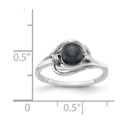 14k White Gold 5.5mm Black FW Cultured Pearl AA Real Diamond ring