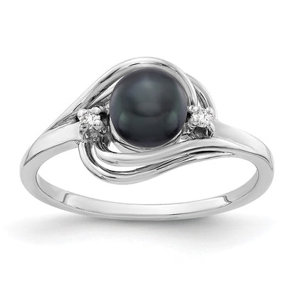 14k White Gold 5.5mm Black FW Cultured Pearl AA Real Diamond ring