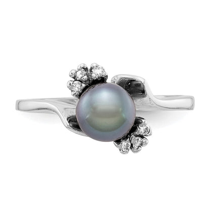 14k White Gold 6mm Black FW Cultured Pearl A Real Diamond ring