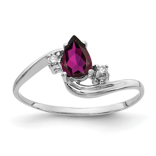 14K White Gold 6X4mm Pear Rhodolite Garnet Aaa Diamond Ring