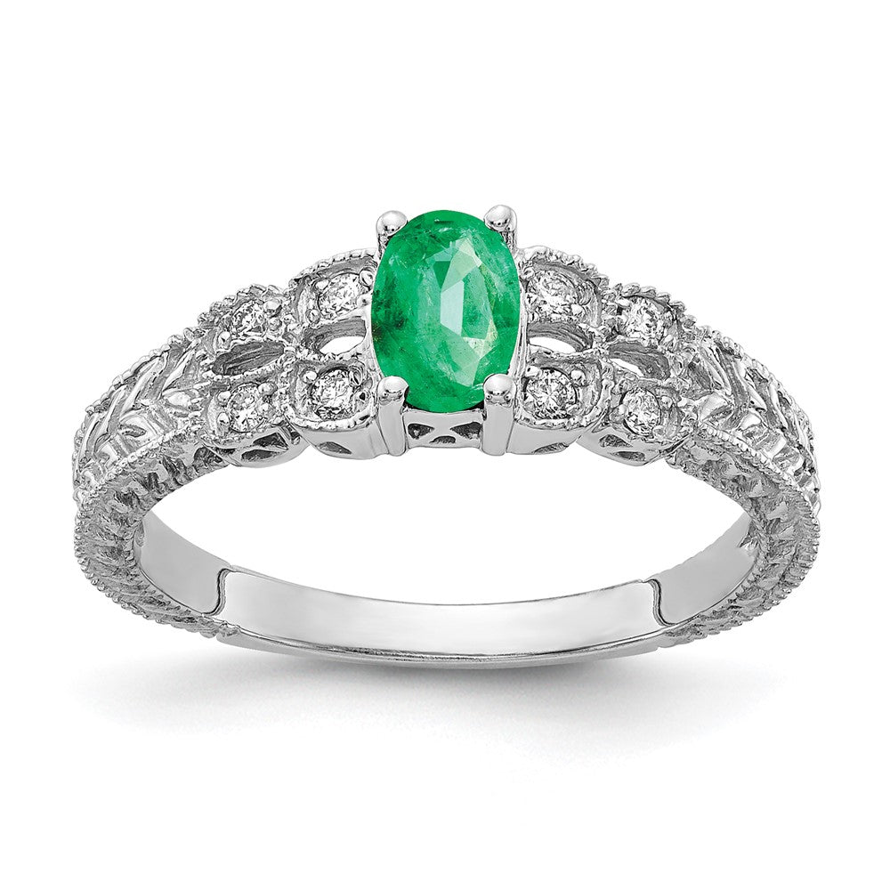 14K White Gold 6X4mm Oval Emerald Vs Diamond Ring