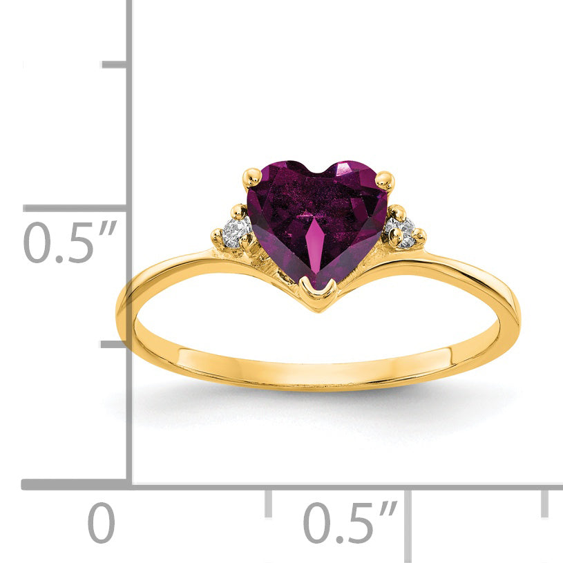 14K Yellow Gold 6mm Heart Rhodolite Garnet Aa Diamond Ring