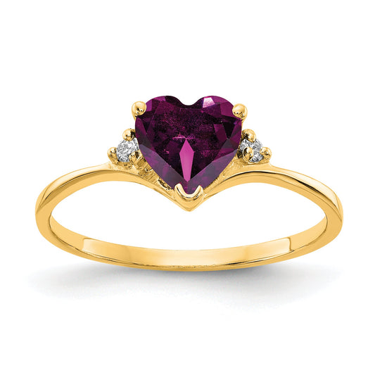 14K Yellow Gold 6mm Heart Rhodolite Garnet Aa Diamond Ring