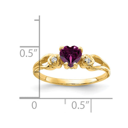 14K Yellow Gold 5mm Heart Rhodolite Garnet Aa Diamond Ring