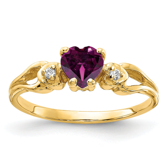 14K Yellow Gold 5mm Heart Rhodolite Garnet Aa Diamond Ring