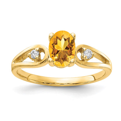 14K Yellow Gold 7X5mm Oval Citrine Aa Diamond Ring