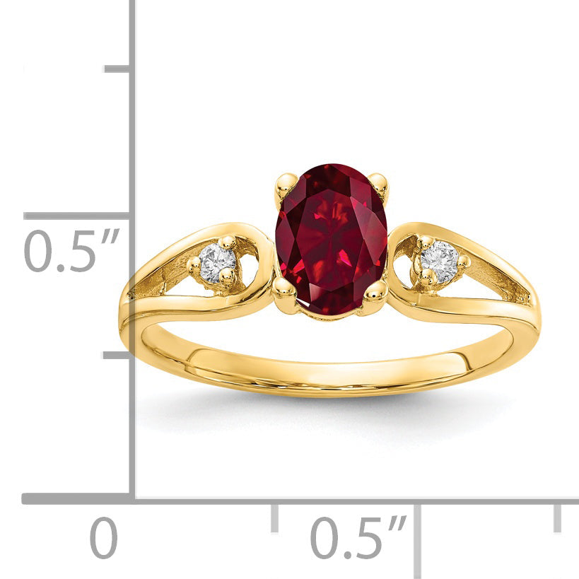14K Yellow Gold 7X5mm Oval Created Ruby Vs Diamond Ring