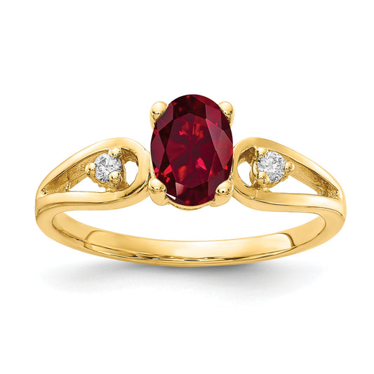 14K Yellow Gold 7X5mm Oval Created Ruby Vs Diamond Ring
