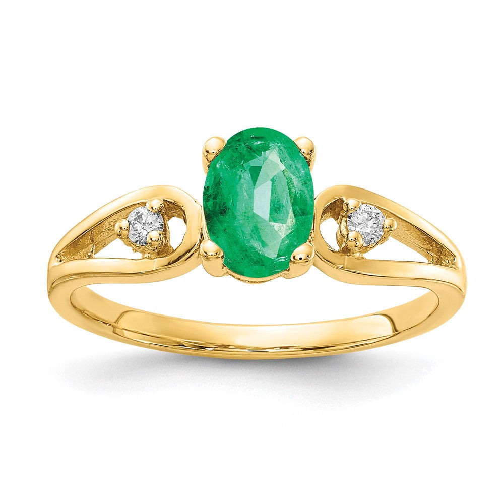 14K Yellow Gold 7X5mm Oval Emerald Aa Diamond Ring