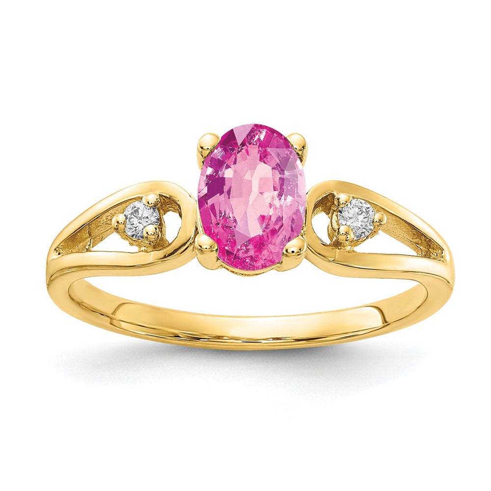 14K Yellow Gold 7X5mm Oval Pink Sapphire Vs Diamond Ring