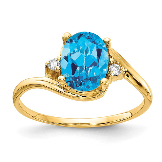 14K Yellow Gold 8x6mm Oval Blue Topaz Checker VS Real Diamond ring
