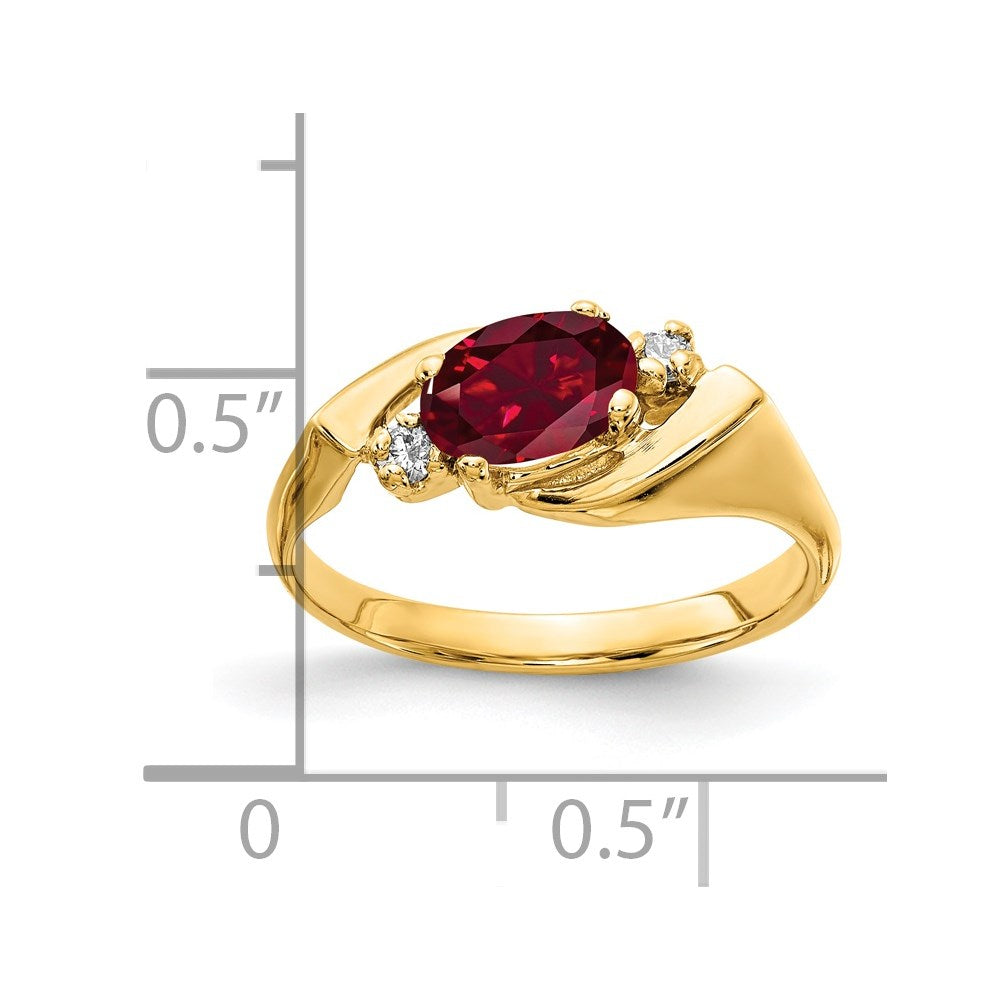 14K Yellow Gold 7X5mm Oval Created Ruby Aa Diamond Ring