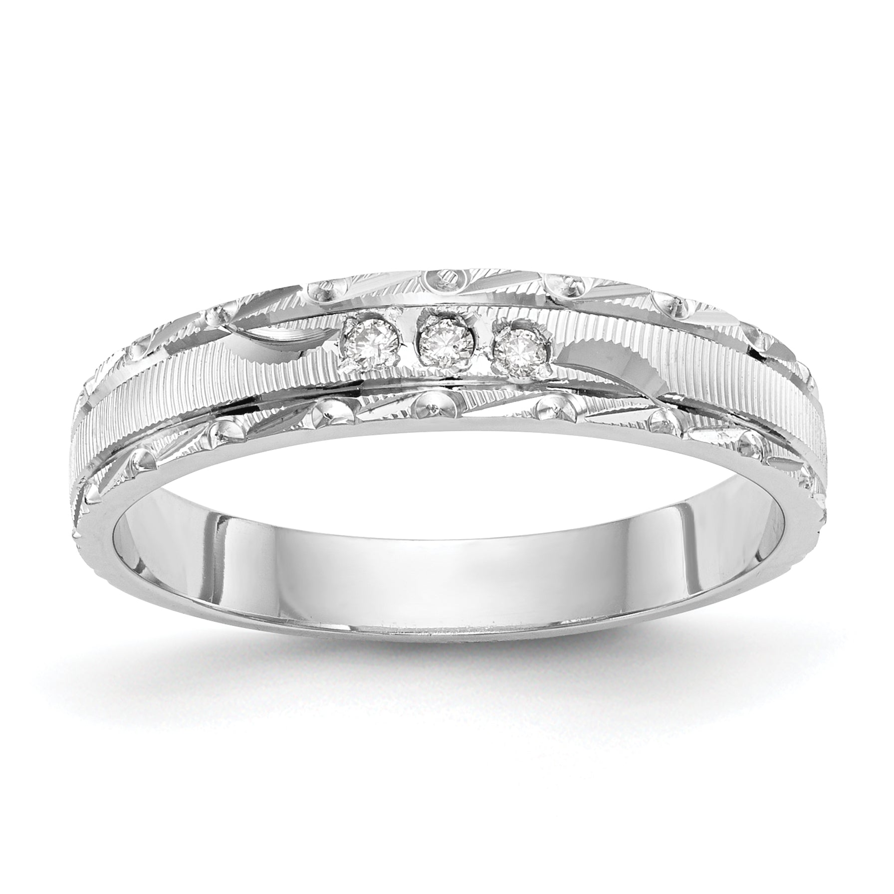 14K White Gold Aa Quality .03 Carat Diamond Trio Ladies Complete Wedding Band