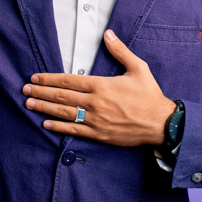 14k White Gold Mens Polished and Textured with Black Enamel and Imitation Blue Spinel Masonic Ring