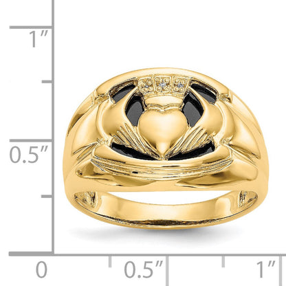 14K Yellow Gold Natural Diamond & Black Onyx Men's Claddagh Band Ring - Irish Celtic Fine Jewelry