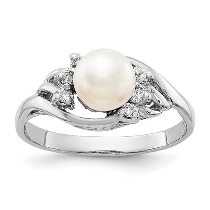 14k White Gold 6mm FW Cultured Pearl A Real Diamond ring