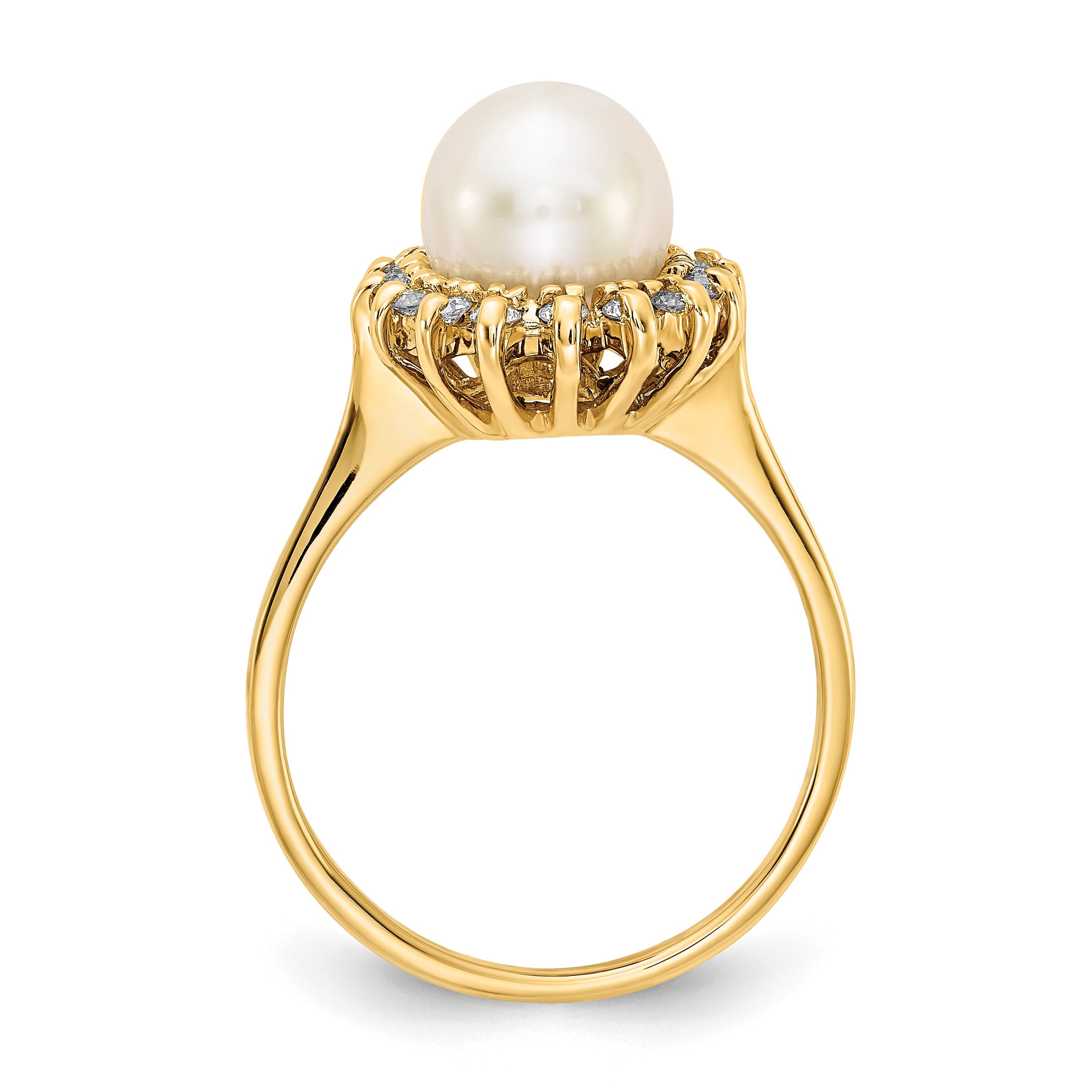 14K Yellow Gold 7.5mm Fw Cultured Pearl Aaa Diamond Ring
