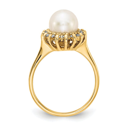 14K Yellow Gold 7.5mm Fw Cultured Pearl Aaa Diamond Ring