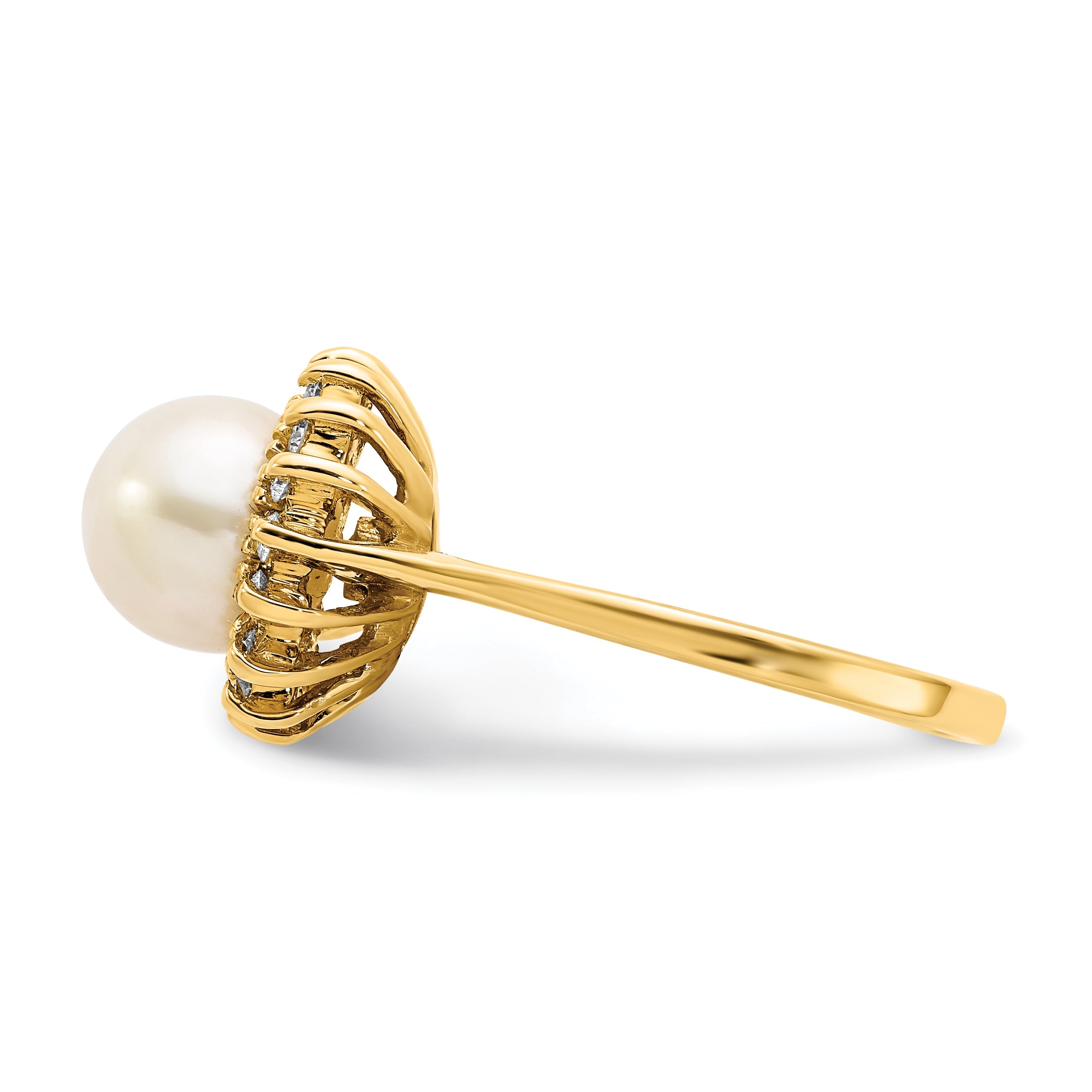 14K Yellow Gold 7.5mm Fw Cultured Pearl Aaa Diamond Ring