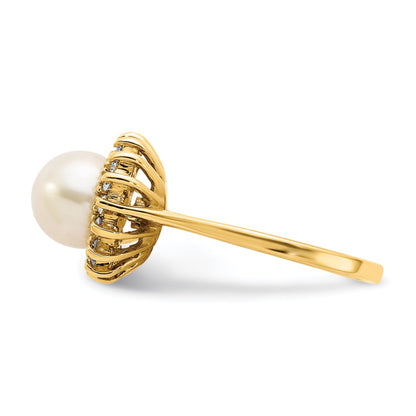 14K Yellow Gold 7.5mm Fw Cultured Pearl Aaa Diamond Ring