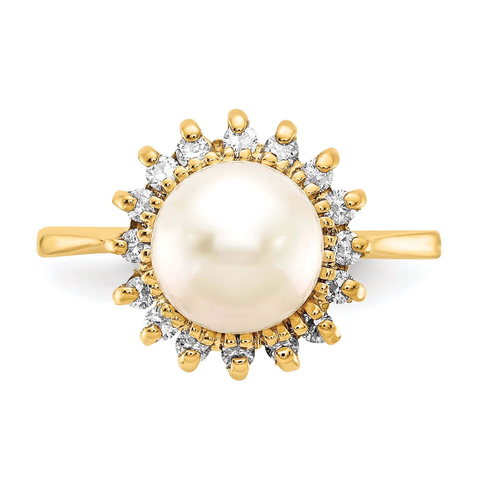 14K Yellow Gold 7.5mm Fw Cultured Pearl Aaa Diamond Ring
