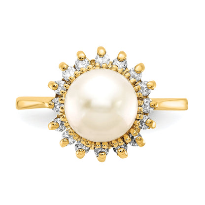 14K Yellow Gold 7.5mm Fw Cultured Pearl Aaa Diamond Ring