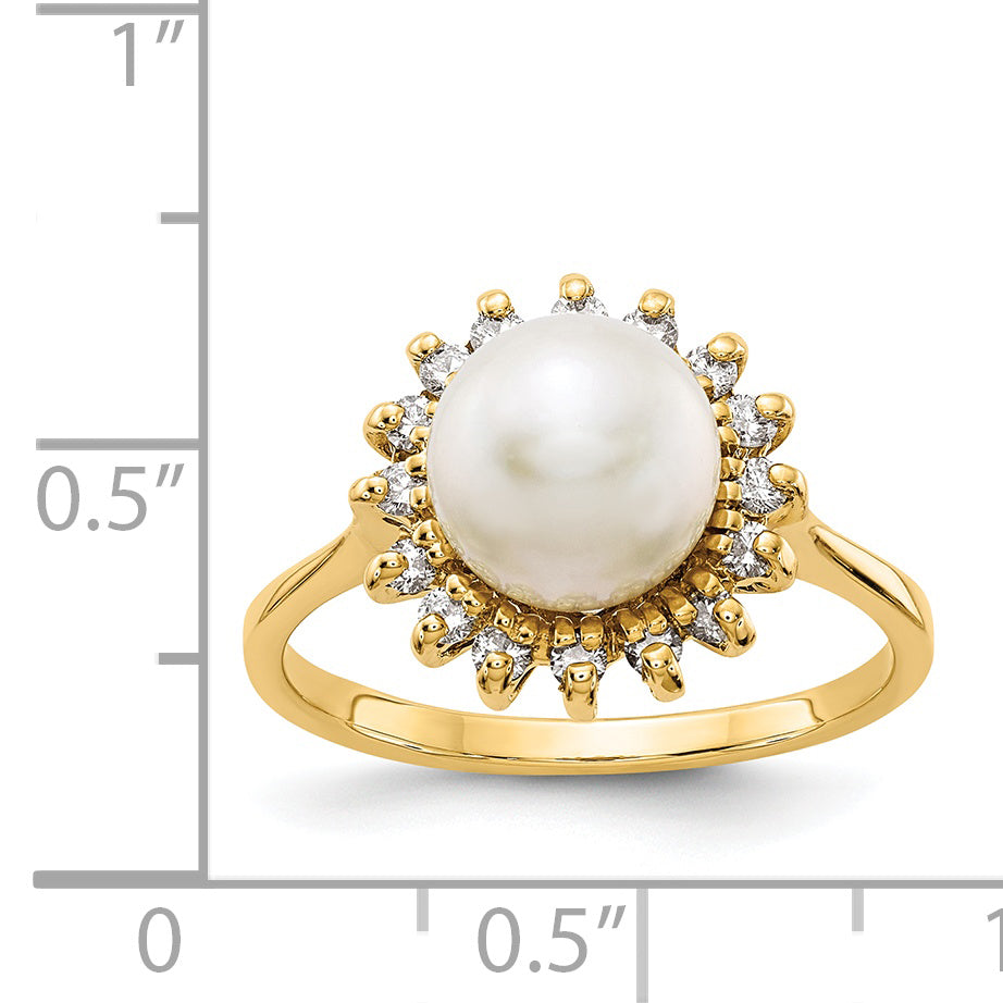 14K Yellow Gold 7.5mm Fw Cultured Pearl Aaa Diamond Ring