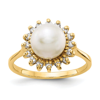14K Yellow Gold 7.5mm Fw Cultured Pearl Aaa Diamond Ring