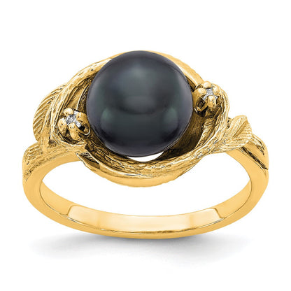 14K Yellow Gold 7.5mm Black FW Cultured Pearl AAA Real Diamond ring