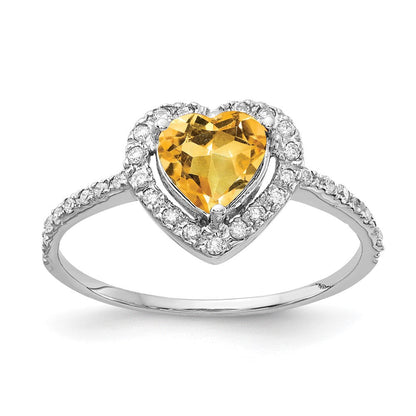 14k White Gold 6mm Heart Citrine VS Real Diamond ring