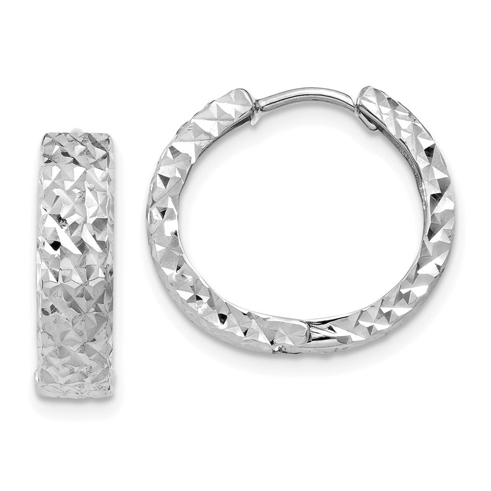14K White Gold Diamond Cut Hinged Hoop Earrings