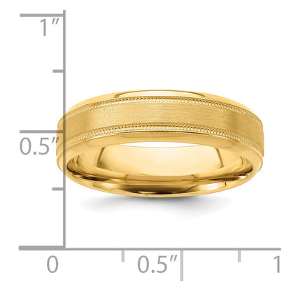 14K Yellow Gold 6mm Standard Weight Comfort Fit Brushed Satin/Polished Milgrain Grooved Edge Wedding Band