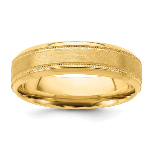 14K Yellow Gold 6mm Heavyweight Comfort Fit Brushed Satin/Polished Milgrain Grooved Edge Wedding Band