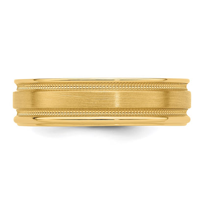 14K Yellow Gold 6mm Lightweight Comfort Fit Brushed Satin/Polished Milgrain Grooved Edge Wedding Band