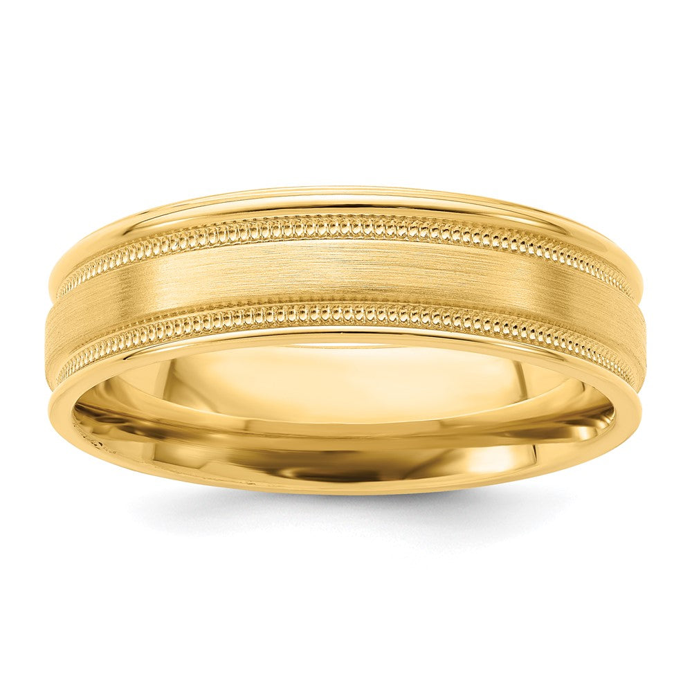 14K Yellow Gold 6mm Lightweight Comfort Fit Brushed Satin/Polished Milgrain Grooved Edge Wedding Band