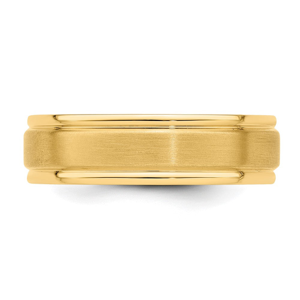 18k Yellow Gold 6mm Standard Weight Comfort Fit Brushed Satin/Polished Grooved Edge Wedding Band Ring