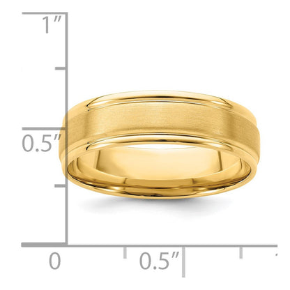 14k Yellow Gold 6mm Standard Weight Comfort Fit Brushed Satin/Polished Grooved Edge Wedding Band Ring