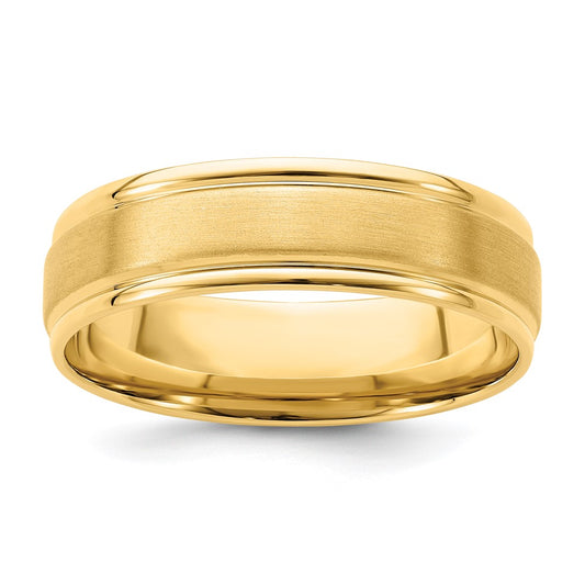 14K Yellow Gold 6mm Standard Weight Comfort Fit Brushed Satin/Polished Grooved Edge Wedding Band