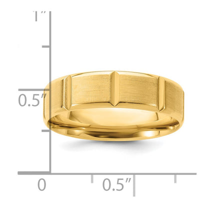 14K Yellow Gold 6mm Standard Weight Comfort Fit Brushed/Polished Beveled Edge With Vertical Lines Wedding Band