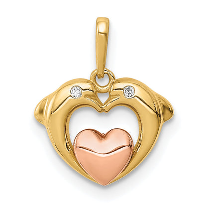 14k Two-tone 14K Two-tone CZ Dolphins with Heart Pendant