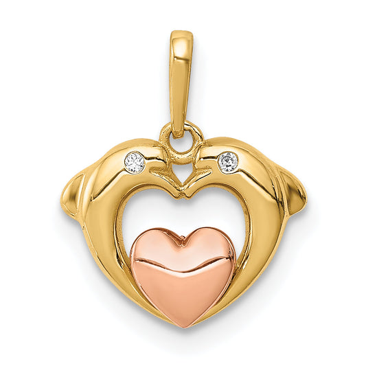 14k Two-tone 14K Two-tone CZ Dolphins with Heart Pendant