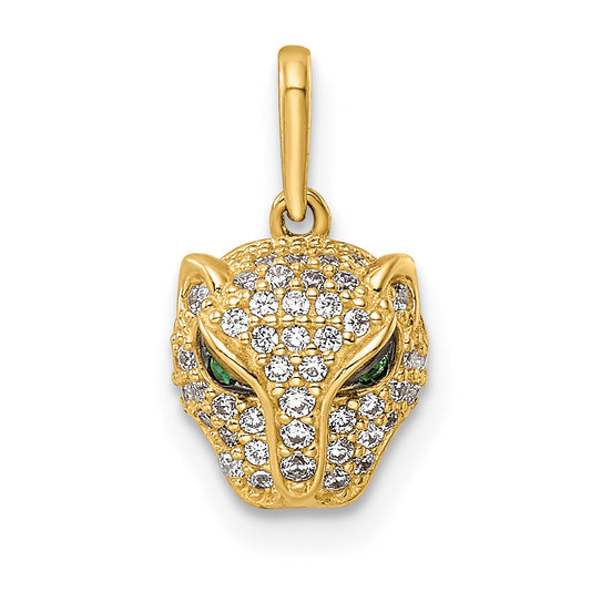 14k Yellow Gold 14K Polished Green & White CZ Lioness Head Pendant