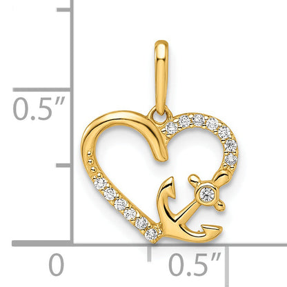14k Yellow Gold 14k CZ Heart with Anchor Pendant