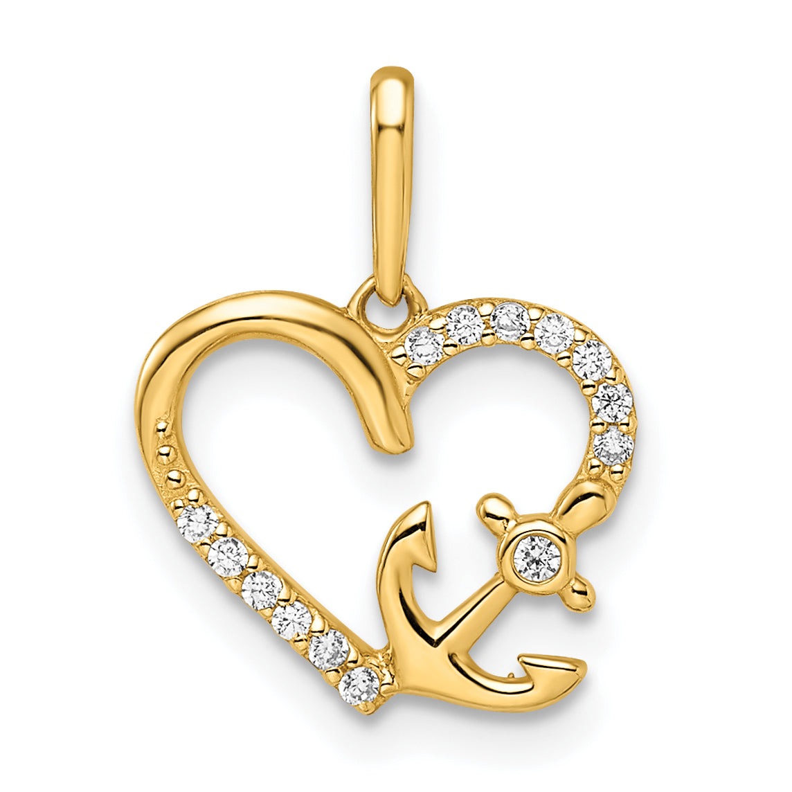 14k Yellow Gold 14k CZ Heart with Anchor Pendant