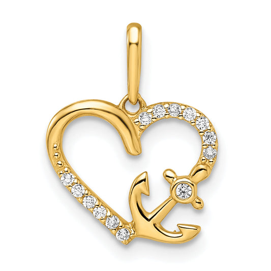 14k Yellow Gold 14k CZ Heart with Anchor Pendant