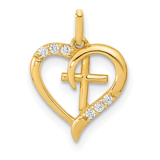 14k Yellow Gold 14K Polished Open Heart with Cross CZ Pendant