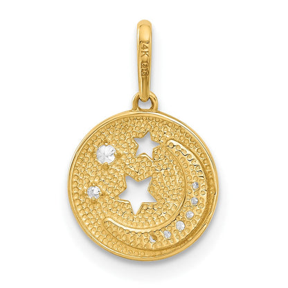 14K Yellow Gold Polished CZ Moon and Stars in Disc Pendant
